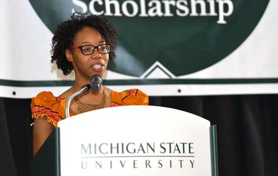 Student speaker at MSUFCU Scholarship luncheon