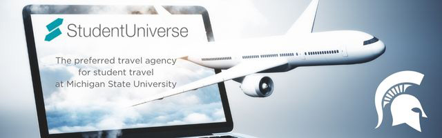 Airplane slying out of laptop with StudentUniverse logo