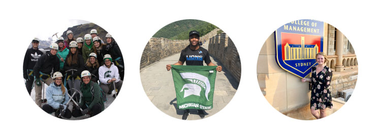 Image of three student photos - one group in Iceland, one student holding Spartan flag on Great Wall of China, and student in front of Australian university sign